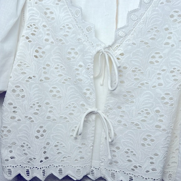 Calypso St. Barth White Eyelet Puff Sleeve Crop Cotton Blouse Tie Top Medium - Picture 4 of 10
